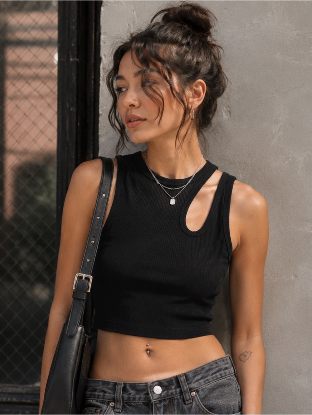 Women's Future Collective Black Asymmetric Cutout Ribbed Tank Top